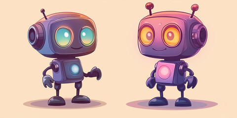 Aufkleber - Two cute cartoon robots standing and showing their lights