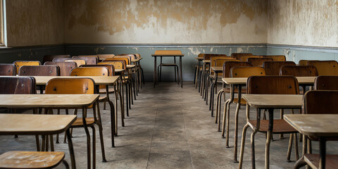 Poster - Empty classroom with old wooden desks and teacher's desk waiting for students