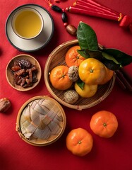 Wall Mural - Capture the exchange of thoughtful gifts as fruits, teas, and symbolic items, as tokens of love and good fortune. Lunar New year