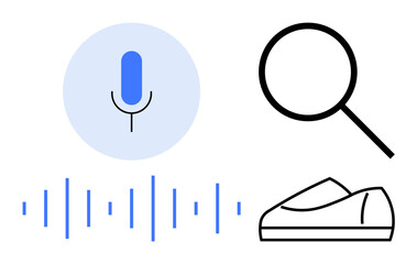 Microphone in blue circle, magnifying glass, soundwave, and slippers. Ideal for voice recognition, search technology, digital assistance, smart home integration, audio analysis, speech-to-text