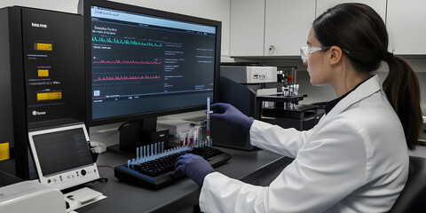 Wall Mural - a researcher is working in front of a display screen in a laboratory, background, female researcher,