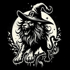 A fierce lion wearing a wizard hat roars against a full moon backdrop, blending magical elements with nature's majesty in a striking monochrome design.