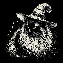 A whimsical illustration of a cat wearing a wizard hat, featuring an intricate fur design against a dark background.