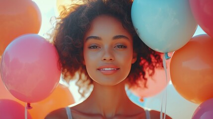 A young woman stands at a distance, holding vibrant balloons and smiling genuinely. Her hair flows in the breeze, creating an atmosphere of joy and positivity against a bright backdrop.