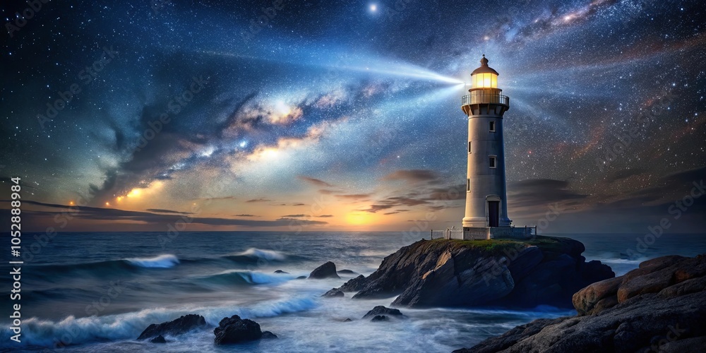 A solitary lighthouse stands tall on a rugged coast, its beam cutting ...