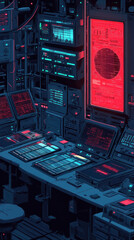 Poster - A computer lab with a red sign on the wall. The room is filled with computer monitors and keyboards