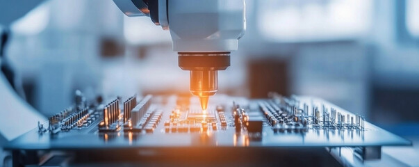Poster - A computer chip is being inspected by a machine. The machine is white and has a blue background