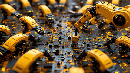Poster - A robot is reaching for a small object on a black background. The robot is surrounded by other robots, creating a sense of a busy, industrial environment