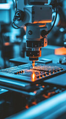 Poster - A machine is drilling into a circuit board. Concept of precision and focus, as the machine is carefully working on the delicate task of creating a circuit