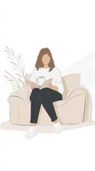 Poster - A woman is sitting on a couch reading a book. The couch is white and the woman is wearing black pants
