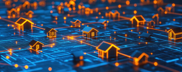 Poster - A computer generated image of a city with houses and a street. The houses are orange and the street is blue