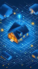 Poster - A blue and white image of a house with a blue background and a house in the middle. The house is surrounded by a network of wires
