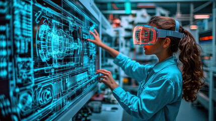 Poster - A woman wearing a VR headset is pointing at a computer screen. Concept of excitement and curiosity as the woman explores the virtual world