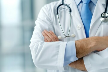 Wall Mural - A doctor stands with his arms crossed in front of a window