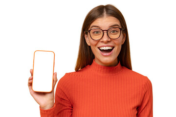 Wall Mural - Excited happy young woman holding blank phone screen