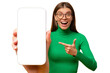 © Damir Khabirov - Excited shocked young woman pointing finger to blank phone screen with copy space