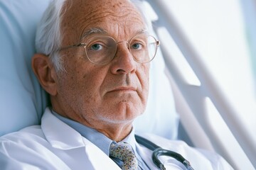 Wall Mural - A man in a white coat and glasses is sitting in a hospital bed