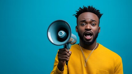 Handsome man over isolated blue background shouting through a megaphone. 