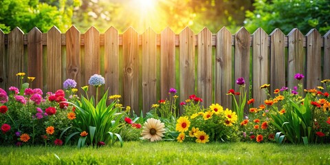 Wall Mural - Green grass lawn and colorful flowers blooming alongside a charming wooden fence in a summer backyard garden, green