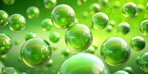 Green translucent spheres floating in a lime green background with soft-focused scattered spheres, spheres, green