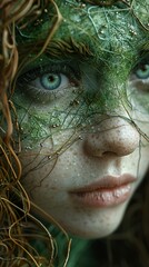 Wall Mural - Enchanted Forest Beauty: A Close-Up Portrait with Green Leaves and Twigs