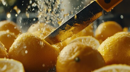 Slicing a lemon with a knife.