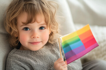 Little girl proudly holding a rainbow flag at a pride parade, smiling and surrounded by colorful balloons and cheering crowds.