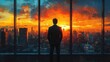 © Muamanah - Silhouette of a Man Looking Out a Window at a City Skyline with an Orange Sunset