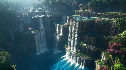 A breathtaking view of a multi-tiered waterfall, with water cascading down from each level into a vibrant blue lake below 