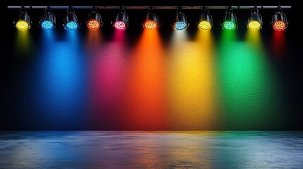 A vibrant stage featuring colorful spotlights shining on a dark background, perfect for events and performances.