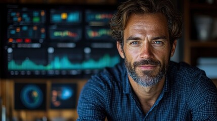 Poster - Confident Man with Blue Eyes Looking at the Camera in Front of a Computer Screen with Charts and Graphs