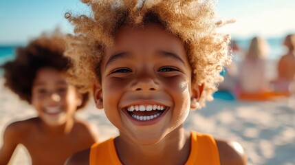 Wall Mural - A close-up of a joyful young child with golden curls smiling widely as they relish a sunny day at the beach, highlighting pure happiness and innocence.