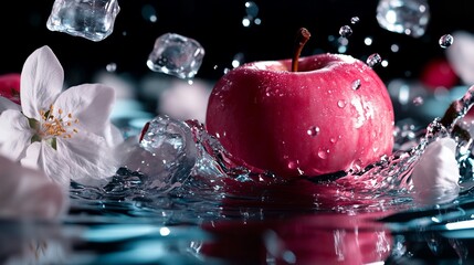 Wall Mural - Red apple splashing in water with ice cubes and apple blossoms.