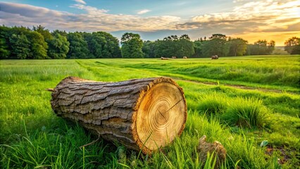 Felled tree trunk in a grass field , sawn, tree stump, nature, grass, timber, wood, deforestation, logging, environment