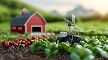 Sustainable miniature farm with red barn surrounded by lush green crops and powered by renewable energy sources like solar panels and wind turbine in a picturesque rural countryside landscape