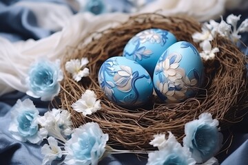 Beige background decorated with Easter themed elements like eggs flowers and candies represents the joyful celebration of Easter