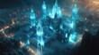 © BloomArt - An aerial view of a futuristic city with a large, glowing, ice castle in the center.