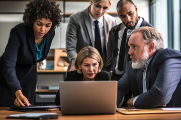 Three people engrossed in a laptop screen.