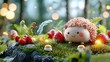 © maesarin - Adorable clay hedgehog figurine rolling through a glowing moss covered forest filled with enchanted mushrooms leaves and other whimsical forest elements  This playful