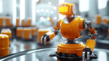 Poster - A robot is sitting on a table in a room. The robot is orange and has a light on its head. The room is filled with orange objects, giving it a bright and cheerful atmosphere
