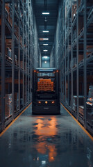 Poster - A forklift is driving down a long, narrow aisle in a warehouse. The warehouse is dimly lit, and the forklift is the only source of light. Concept of monotony and routine