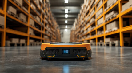 Poster - A robot is in a warehouse with a blue screen. The robot is orange and black. The warehouse is very large and empty