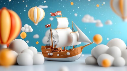 Wall Mural - Whimsical 3D Clay Pirate Ship Sailing Through a Colorful Cloud Filled Starry Sky in a Fantasy Adventure Scene