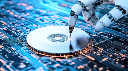 Poster - A robot is touching a CD on a computer circuit board. The robot is white and has a black hand. The CD is on a blue background