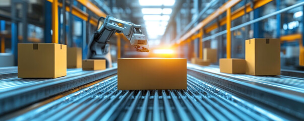Poster - a robot is picking up a box on a conveyor belt. the conveyor belt is full of boxes and the robot is 