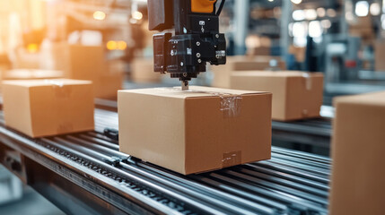 Poster - A machine is putting a box on a conveyor belt. The box is brown and has a white sticker on it