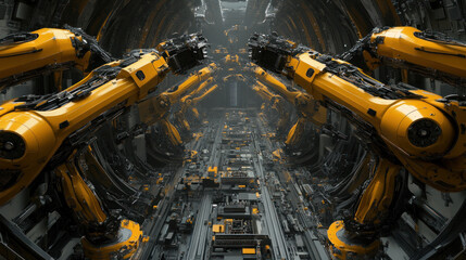 Poster - A futuristic cityscape with yellow robots and a gray background. The robots are in a tunnel and are surrounded by a lot of machinery. Scene is futuristic and industrial