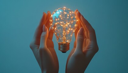 Aufkleber - 3D rendering of hands presenting a glowing lightbulb icon integrated with intricate network circuits on a light blue background, symbolizing innovation and technology