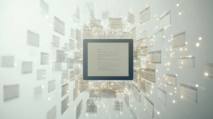 Poster - A tablet screen is surrounded by a cloud of text. The text is jumbled and overlapping, creating a sense of chaos and confusion. The image is meant to convey the idea of information overload