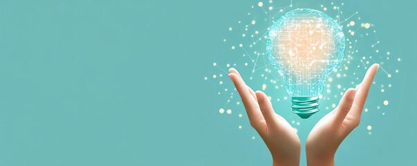 Poster - Closeup image of hands showcasing a lightbulb icon with embedded network circuits, set against a light blue background, highlighting the fusion of creativity and technology